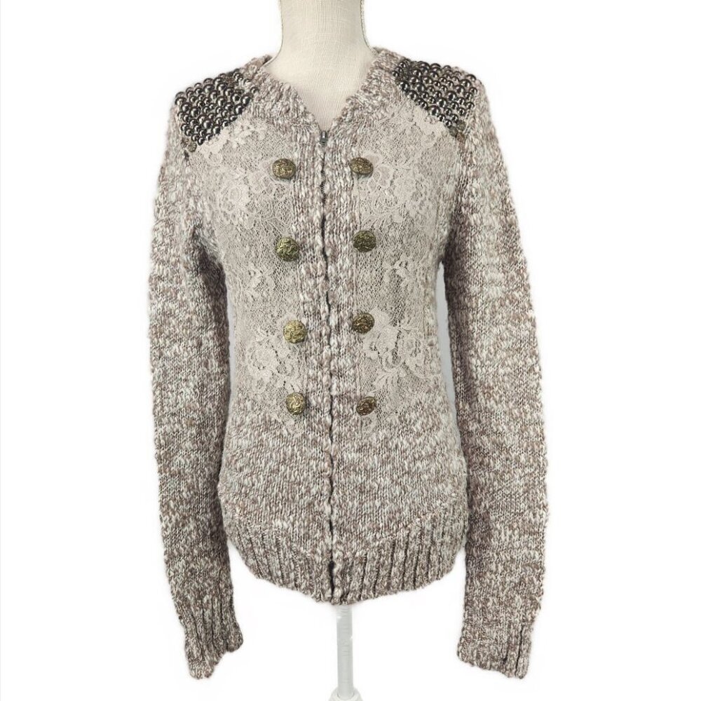 BKE Boutique Zip Up Cardigan Sweater Women's M Brown Studded Western Embellished